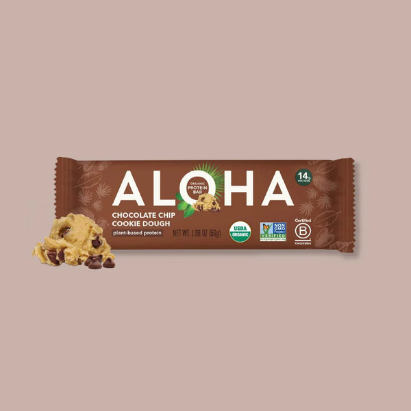 ALOHA Chocolate Chip Cookie Dough organic protein bar, 14g plant protein, 240 calories, USDA Organic, 10g fiber, 5g sugar