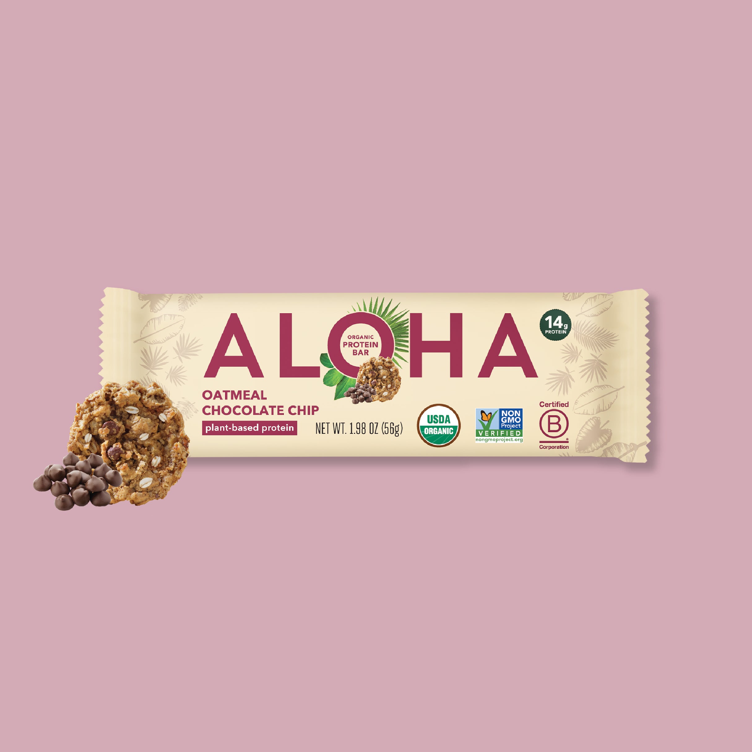 ALOHA Oatmeal Chocolate Chip organic plant-based protein bar, 14g protein, 220 calories, 1.98 ounce bar