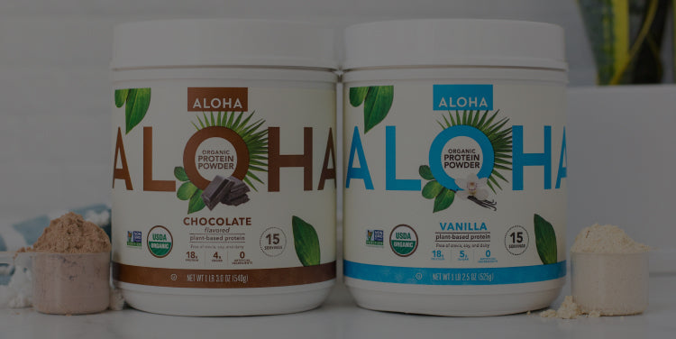 Protein powder in white and blue or brown Aloha packaging