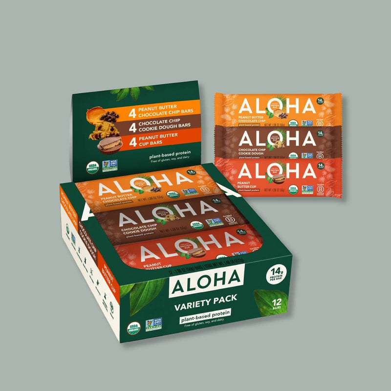 ALOHA Peanut Butter and Cookie Dough Variety protein bar packaging shot